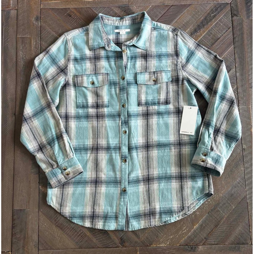 ONeill Mens Plaid Flannel Shirt Light Blue White Black Long Sleeve Cotton Small